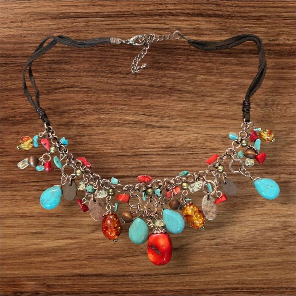 Dyed Bamboo Coral Turquoise Color Fringe Bib Necklace Boho Statement